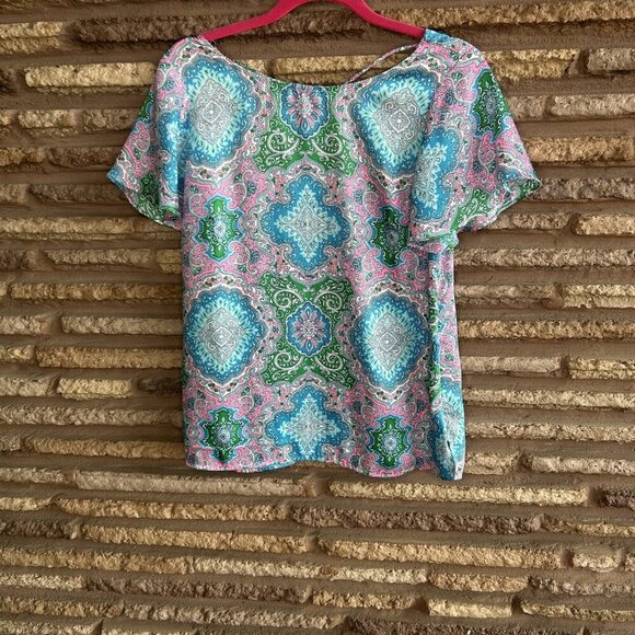 Talbots Colorful Paisley Bell Sleeve V Neck Back Top Size XS - Picture 9 of 10